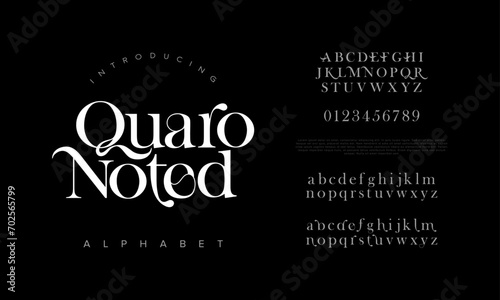 Quaronoted premium luxury elegant alphabet letters and numbers. Elegant wedding typography classic serif font decorative vintage retro. Creative vector illustration