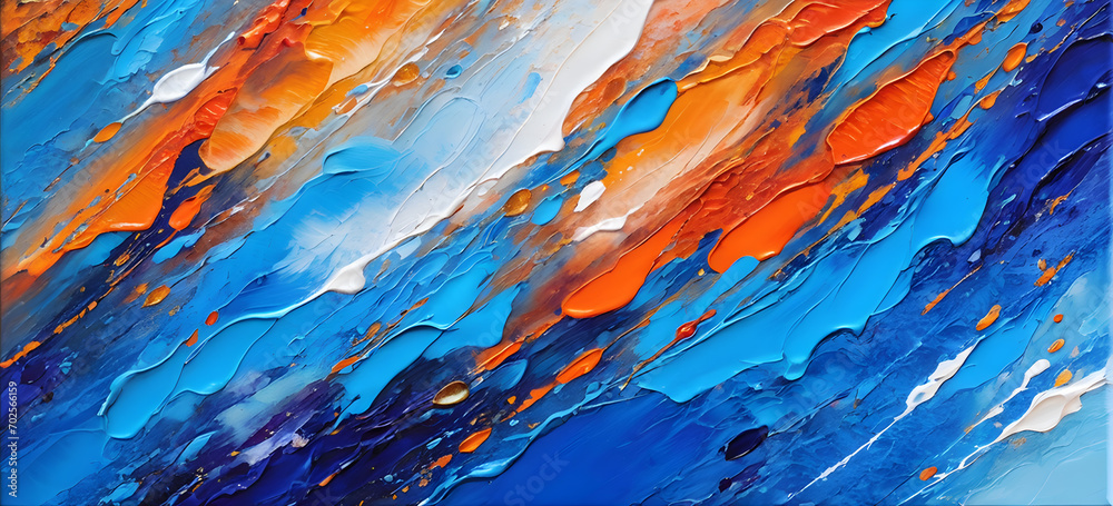 Closeup of abstract rough colorful blue orange multicolored art painting texture, with oil or acrylic brushstroke, pallet knife paint on canvas - obrazy, fototapety, plakaty 