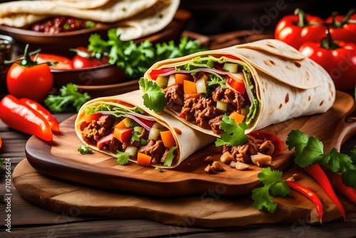 Tasty homemade burrito with vegetables and beef on wooden background