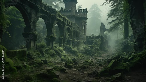 An abandoned castle in a dense forest fading away into a mysterious mist that takes away the last of its eerie remains. photo