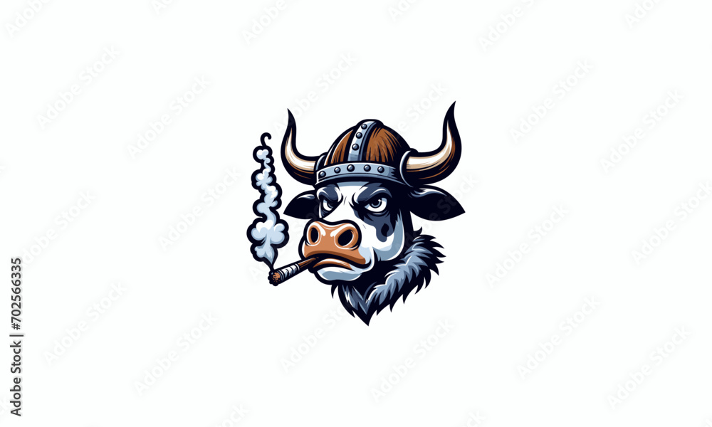 head bull wearing viking hat and smoking vector mascot design