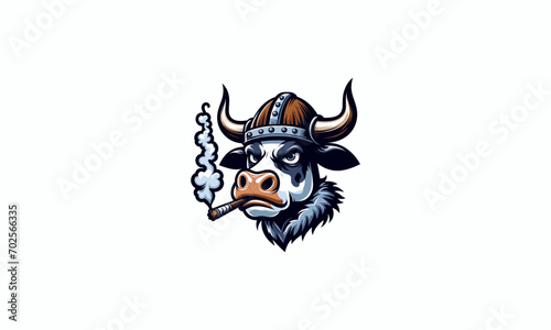 head bull wearing viking hat and smoking vector mascot design