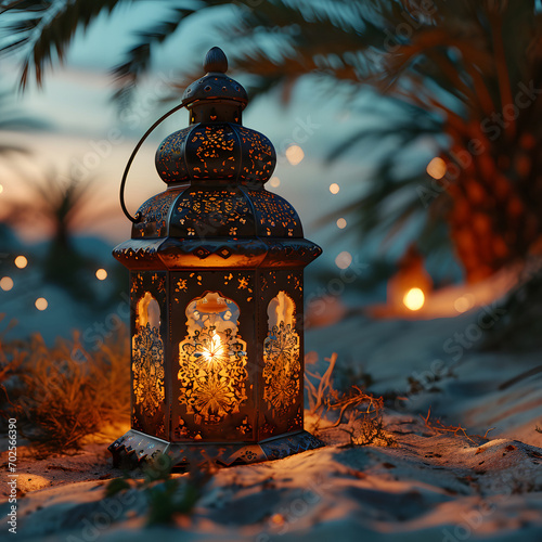 Arabic Lantern in the Desert at Sunset. Ramadan Kareem Background. Muslim Holy Month © Resdika