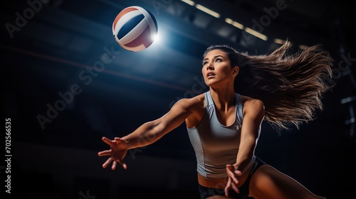 Female volleyball player is jump serving the ball from the backcourt. copy space for text. photo