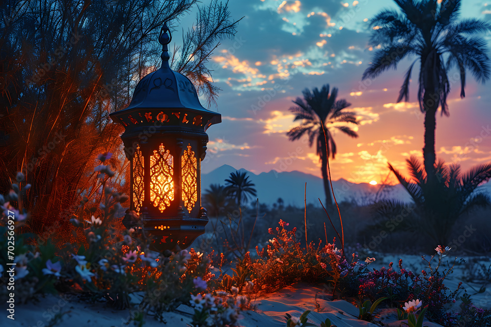 Arabic Lantern in the Desert at Sunset. Ramadan Kareem Background. Muslim Holy Month Arabic Lantern in the Desert at Sunset. Ramadan Kareem Background. Muslim Holy Month