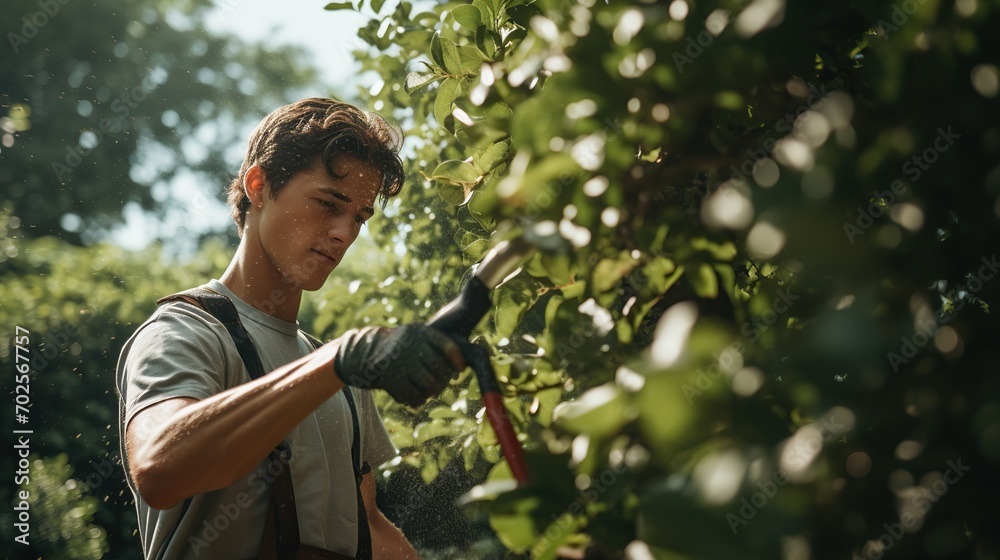 Obraz premium young man is cutting pruning trees with a garden pruner in the backyard. copy space for text.