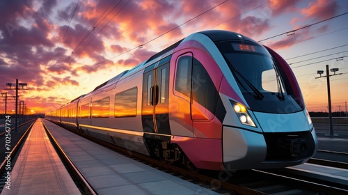high speed commuter train on the railway station and colorful sky with clouds