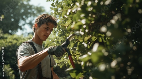 young man is cutting pruning trees with a garden pruner in the backyard. copy space for text. photo