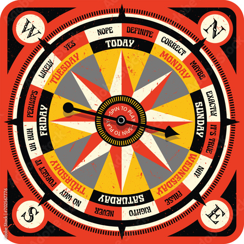 Vintage style game board with spinning arrow. Ask a question, spin and get an answer. Vector illustration for websites, games, print artwork.