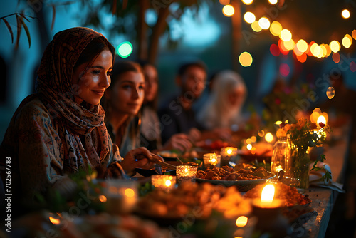 Arab Muslim women gather together during Ramadan with delicious dishes on the table. Iftar Dinner