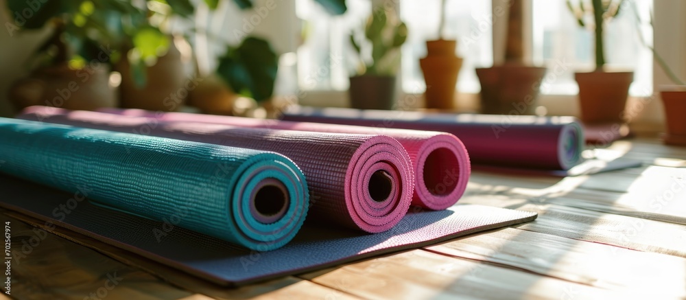 varied yoga mats placed on the table - obrazy, fototapety, plakaty 