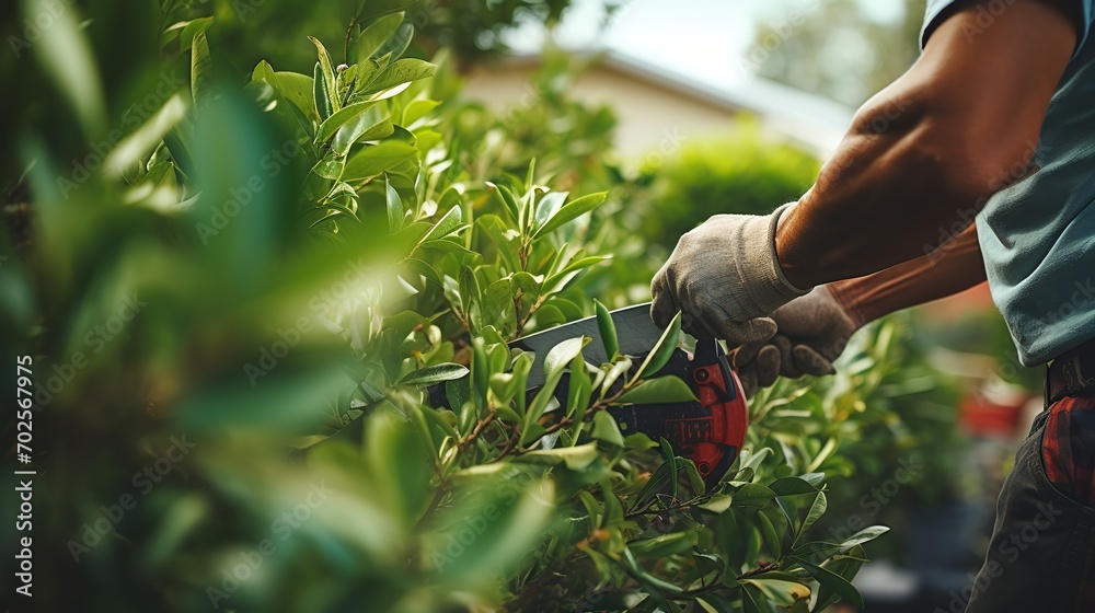 Obraz premium young man is cutting pruning trees with a garden pruner in the backyard. copy space for text.