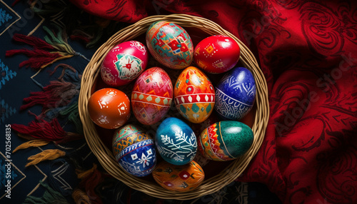 top view of easter eggs on a wicker basket photo
