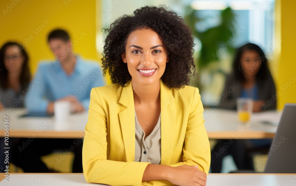 happy confident businesswoman with office background happy confident businesswoman with office background