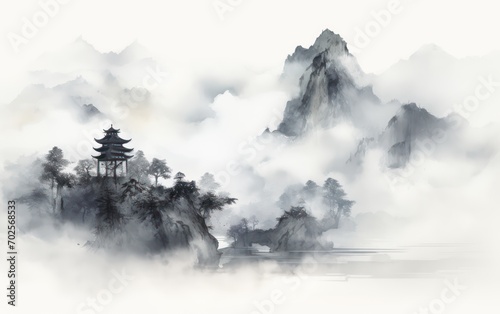 Majestic Chinese mountain peak with an ancient temple shrouded in mist chinese painting illustration