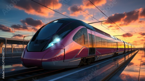 high speed commuter train on the railway station and colorful sky with clouds