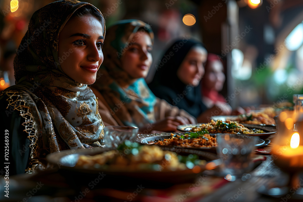 Arab Muslim women gather together during Ramadan with delicious dishes on the table. Iftar Dinner Arab Muslim women gather together during Ramadan with delicious dishes on the table. Iftar Dinner
