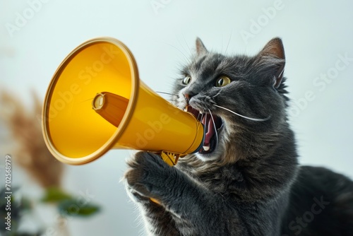 A gray cat roaring into a yellow megaphone