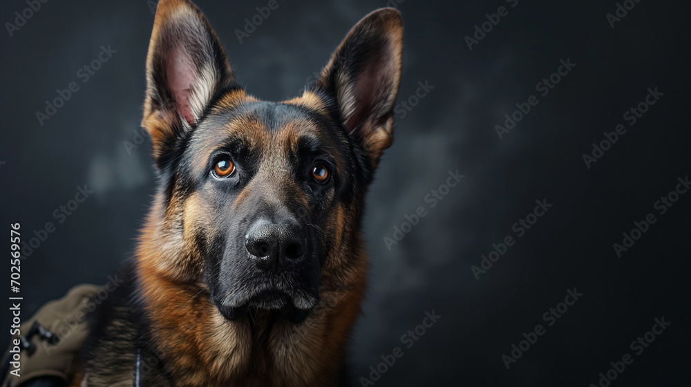 Service Dog Of The German Shepherd Breed In A Police Uniform. The Rescue Dog Looks Into The Camera, World Pets Day, World Animals Day, World Rescue Day,. Generated AI