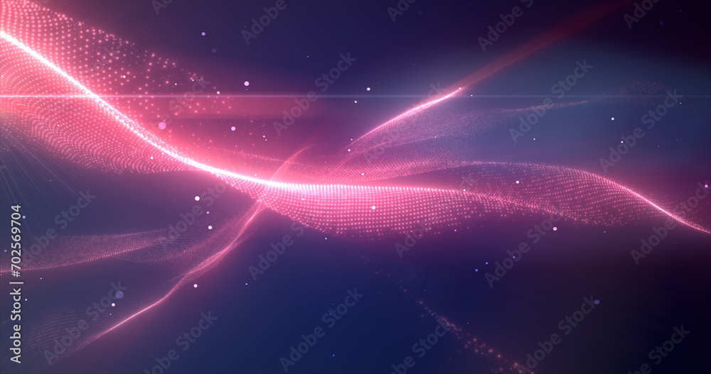 Fototapeta premium Red glowing energy bright waves from small particles and lines abstract background