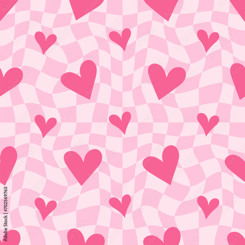 Y2k seamless pattern with hearts. Retro abstract groovy background. Pink funky vector wallpaper for Valentine day. Girly lovely checkered vintage design 2000s and 90s