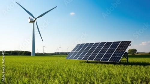 Solar panels and wind power generation equipment on a green farm