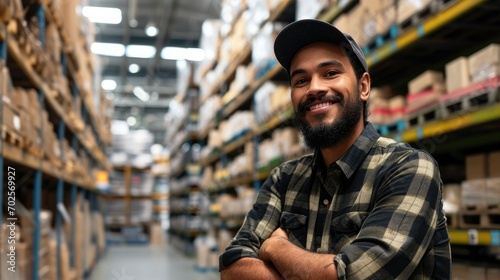 Happy construction worker in a warehouse. Man smiling with shelves and forklift. Supply and demand distribution center. Wholesale inventory business with stock in the background.