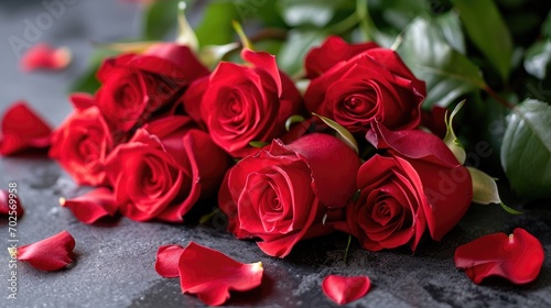 Bouquet of red roses Valentine's Day background. Love and romance long stemmed flowers. Anniversary floral arrangement. 