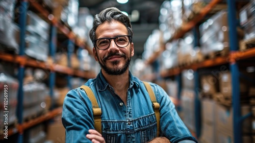 Happy construction worker in a warehouse. Man smiling with shelves and forklift. Supply and demand distribution center. Wholesale inventory business with stock in the background. photo