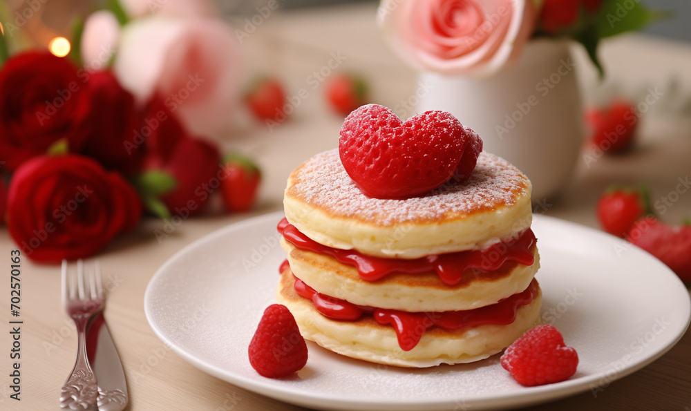 Valentines day brunch. Pancakes with berries with red and pink flowers background