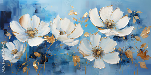 Abstract oil painting Blue petals, flowers with golden lines, using a palette knife #702570101