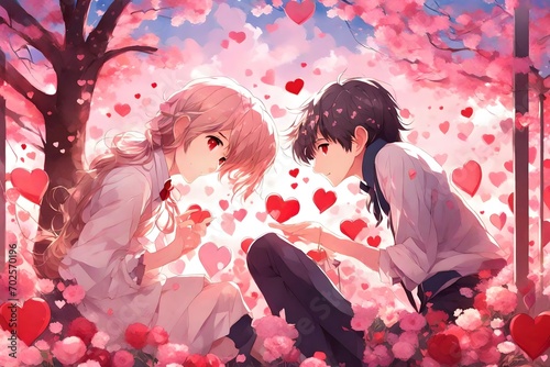 Immerse yourself in the world of anime romance with a captivating Valentine-themed illustration. Explore the tender moments and vibrant emotions as anime characters celebrate love.