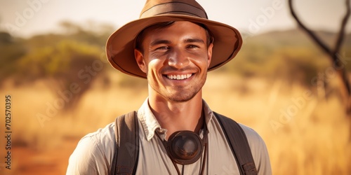In his adventurer outfit and hat, the man radiates happiness, tourist concept photo