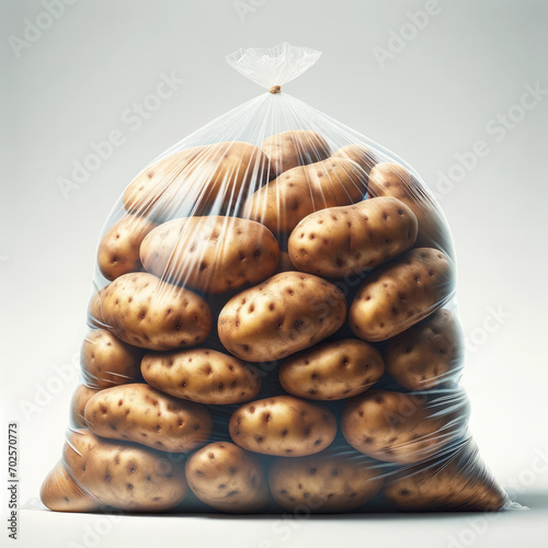 Hyper realistic Fresh potatoes in a clear bag isolated on a white background