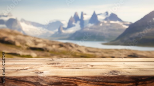The empty wooden brown table top with blur background of Greenland in summer. Exuberant image. generative AI