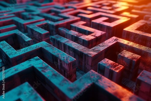 3D maze with a gradient of warm to cool colors photo