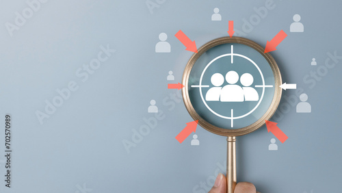Planning development leadership concept. Job recruitment, Target customer, Buyer persona. Magnifier glass focus to personnel icon which is Personalization marketing, customer centric strategies. photo