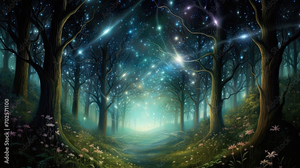 Fototapeta premium Magical fairy forest. Mystical fantasy landscape with abstract glitter and fireflies. Space stars and nebula.