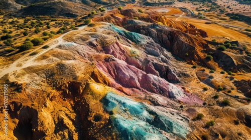 sprawling, multicolored mineral deposit, mountains