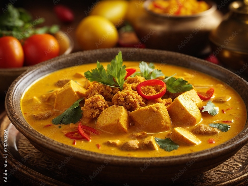 Thai Yellow Curry Soup, turmeric broth cradles chunks of chicken meat, glistening with flecks of red pepper and emerald green beans