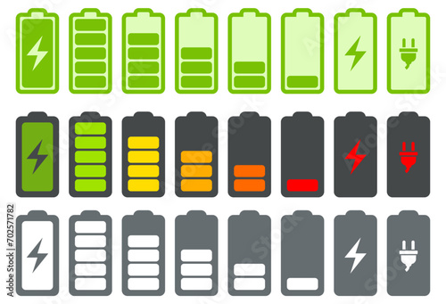 Baterías con indicadores de niveles con fondo sólido. Batería completa, descargada, en carga y rayo de energía. Vector, recurso gráfico. Símbolo de energía en aparatos electrónicos.