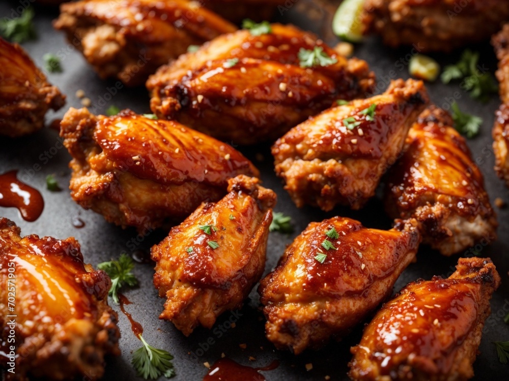 Delicious BBQ chicken wings, crackled and taut, promises a satisfying crunch with each bite, food photography