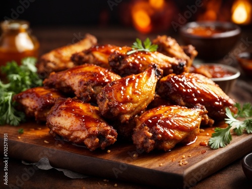 Delicious BBQ chicken wings, crackled and taut, promises a satisfying crunch with each bite, food photography