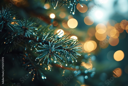 Close up of pine branches with dewdrops and soft lights in the background