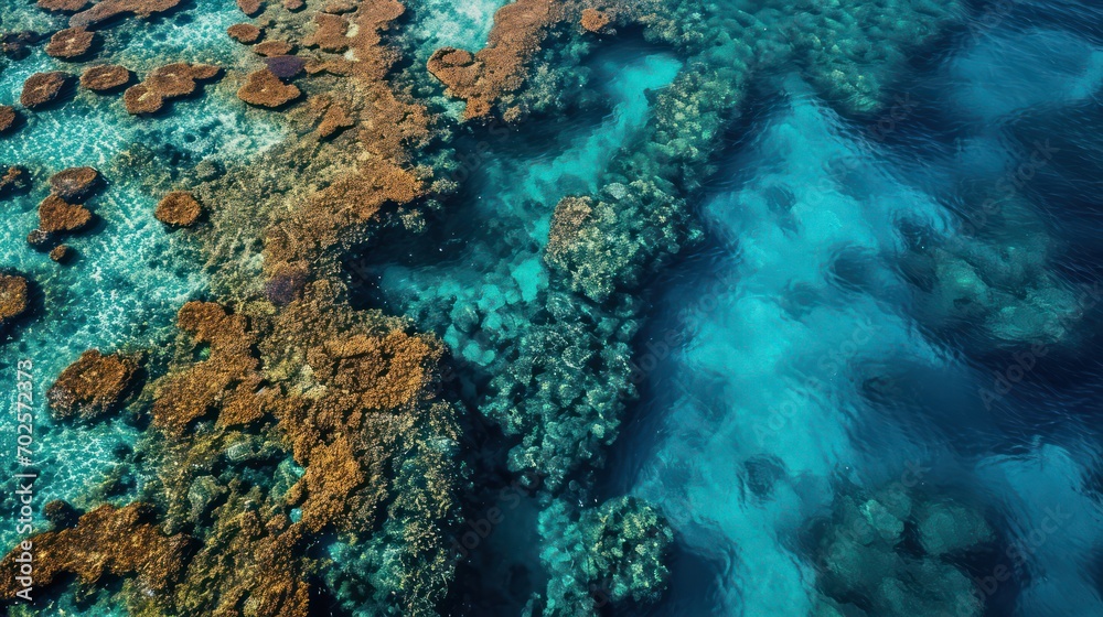 Aerial view of coral reef in the sea. Tropical seascape.