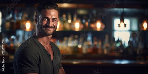 Ready and confident, male bartenders wear bright smiles.
