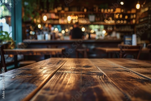 Empty wooden tabletop with a blurred cafe background