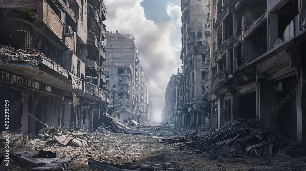 streets of a destroyed city after the bombing, military operations