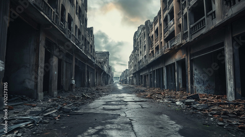 streets of a destroyed city after the bombing, military operations