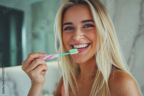 beautiful young woman with toothbrush in bathroom, teeth care concept